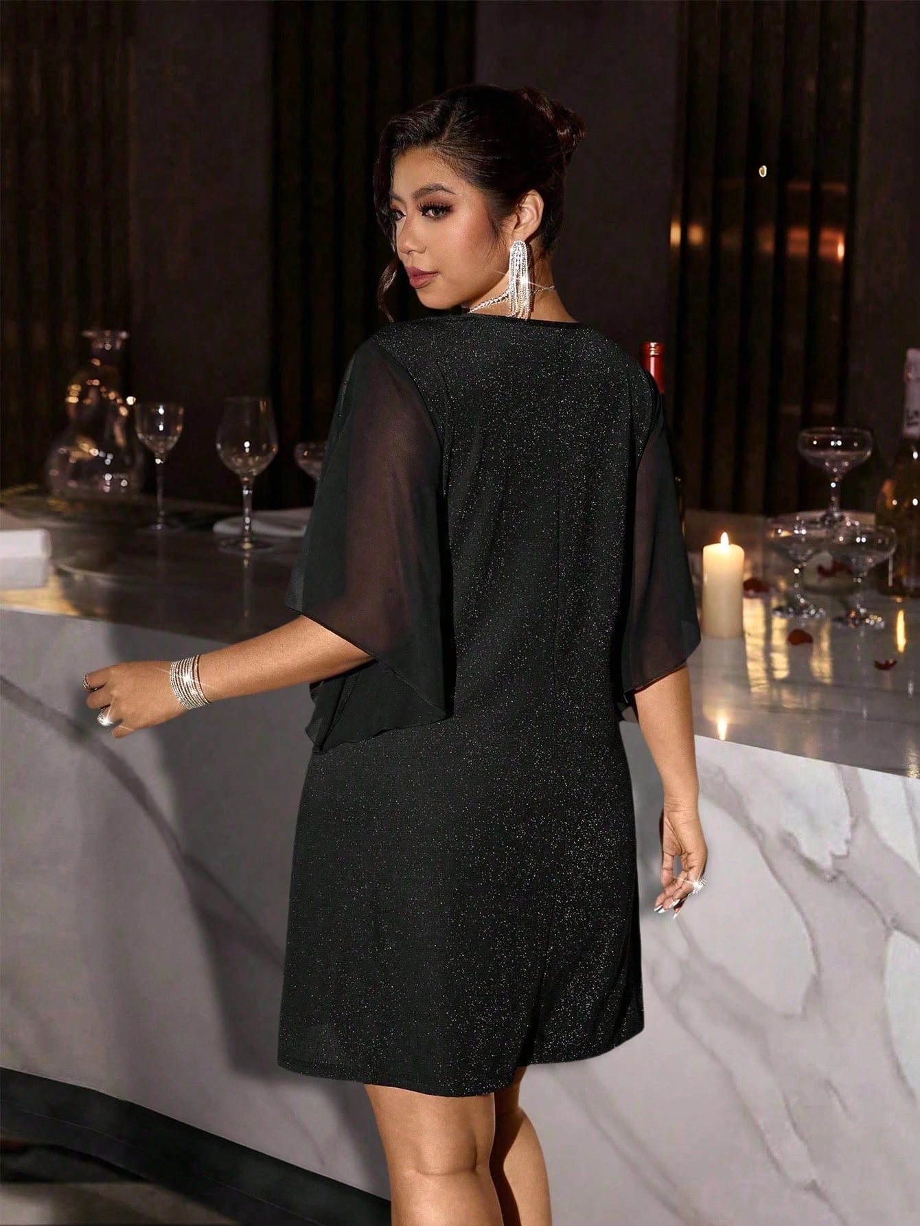 Plus Size Women Mini Dress Black Sparkle Pearl V Neck Chiffon Sleeve A-Line Dress Spring Summer Party Evening Cocktail Gown