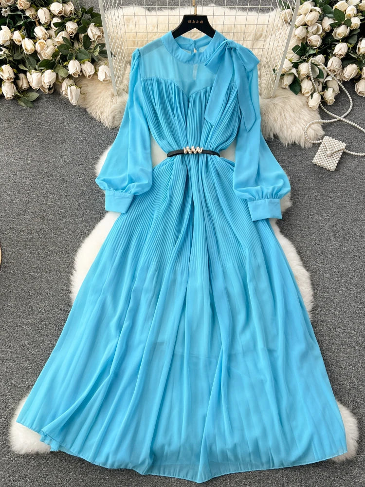 Women Elegant Pleated Long Dress Spring Autumn Sweet Bow Chiffon Dresses Ladies Vintage Bubble Sleeves Casual Long Robe Vestidos
