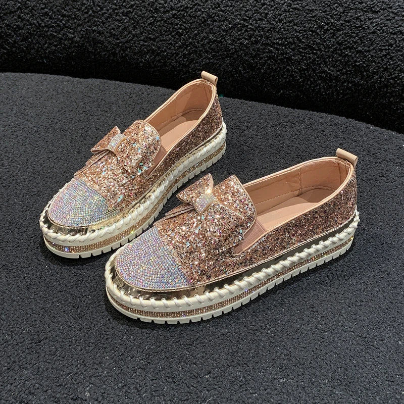 Maxy Fashion Women Shoes Shining Rhinestone Loafer Bowknot Slip-on Thick Botton Casual Ladies Crystal Female Platform Sneakers Sports