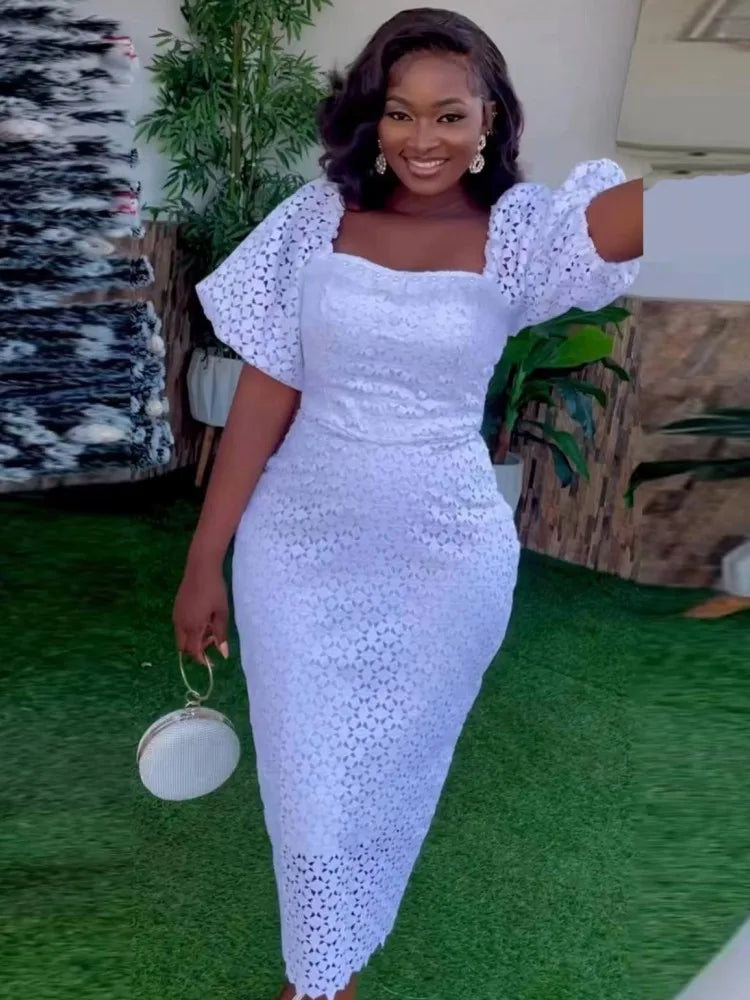 Amay Dresses for Women Puff Sleeve Plus Size Turkey Sequin Evening Lace Wedding Party Long Dress