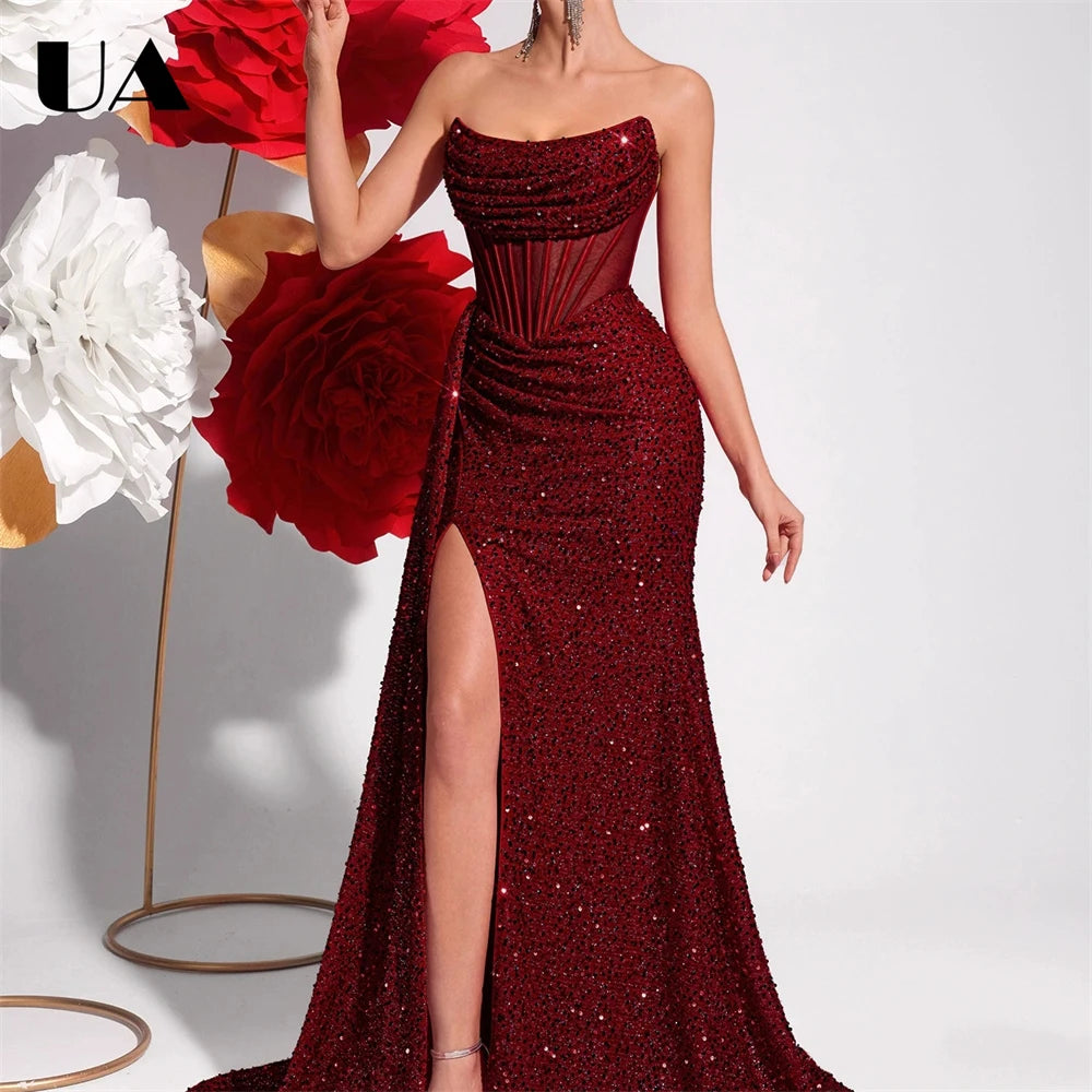 Maxy Women's Sequin Strapless Prom Dress Ruched Bodice High Slit Mermaid Gown Formal Evening Wedding Guest Ball Gown Sparkly Party
