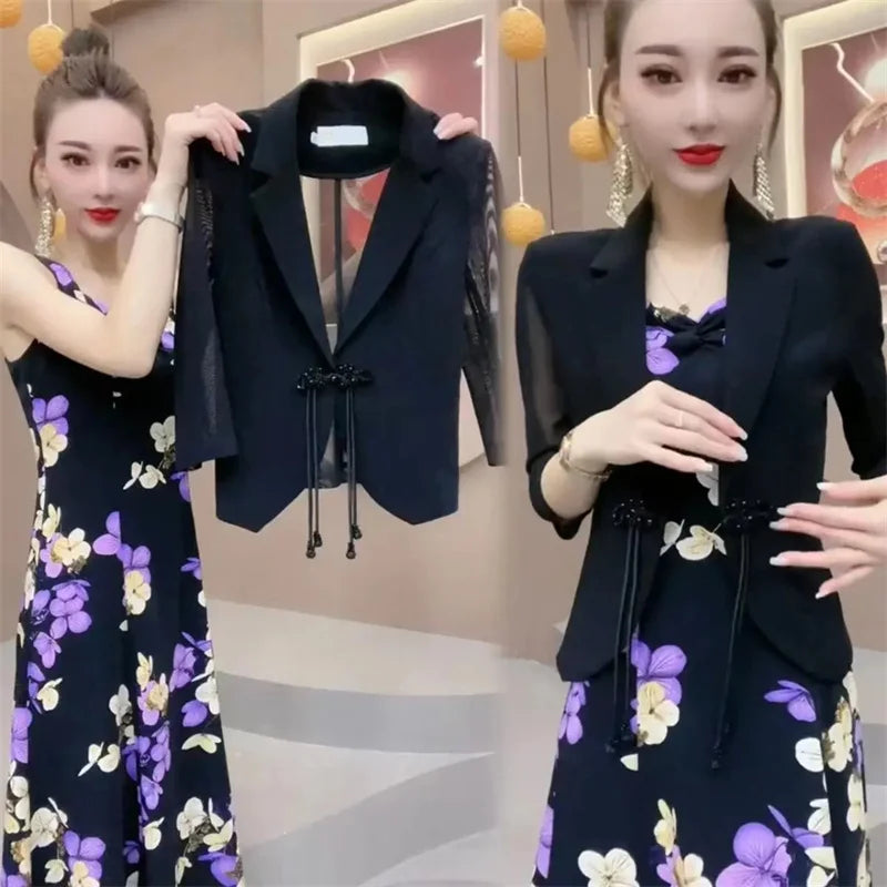Maxy Popular High-End Brooch Blazer Slip Dress Suit Jacket Women's Summer Fashion Blazer Suit Skirt Two-Piece Set Sling Print Dress