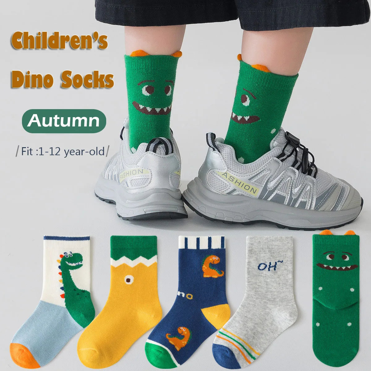 Maxy 5 Pairs Boys Autumn Socks Mid Calf Cotton Socks Smiling Dinosaur Socks Children Medium Socks  A Class Baby Kids Socks