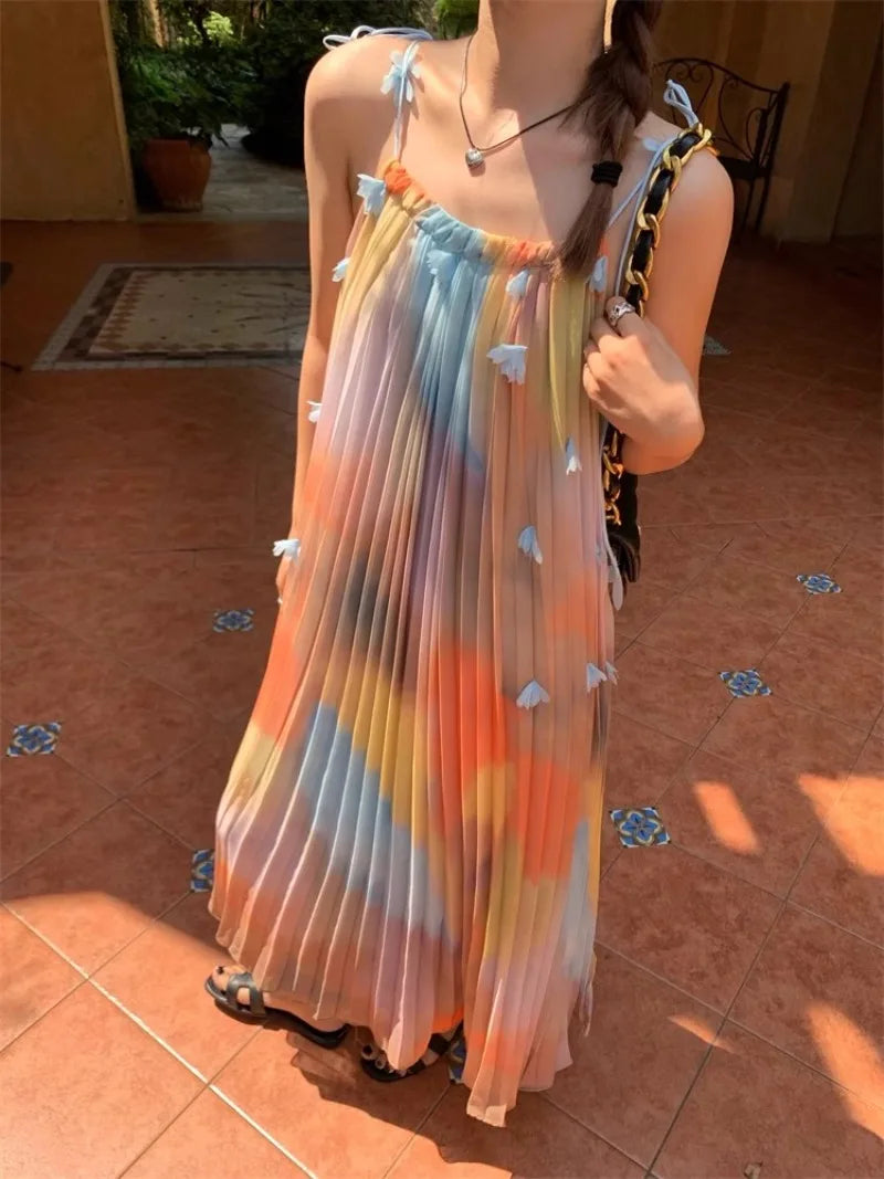 Maxy Colorful Tie Dye Women Dress Bodycon Pleated Sleeveless Holiday Part Women Clothing Spaghetti Strapped Rainbow dress