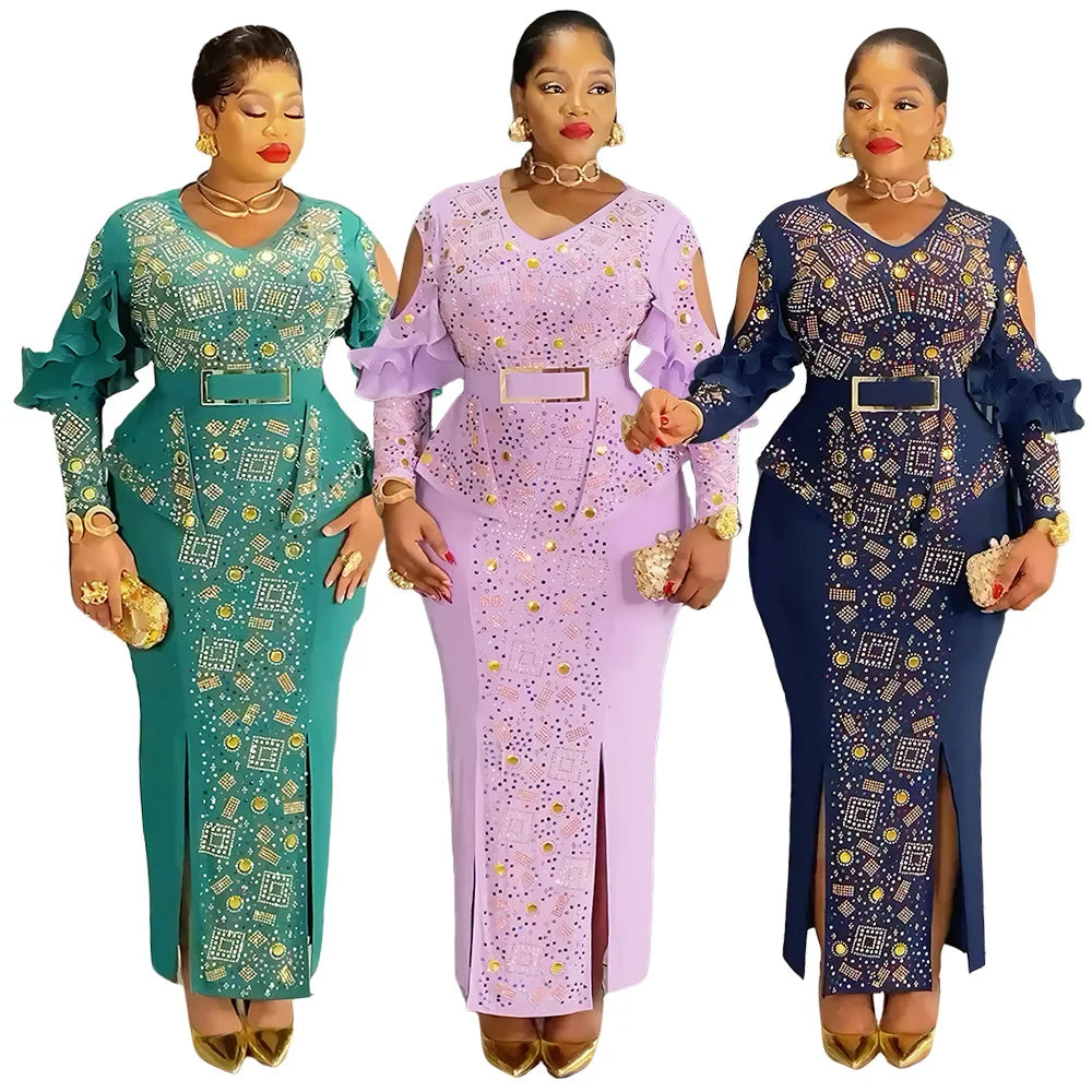 Maxy Luxury African Evening Dresses for Women Plus Size Wedding Party Gown Ankara Dashiki Beads Africa Clothing Turkey Outfits Robe