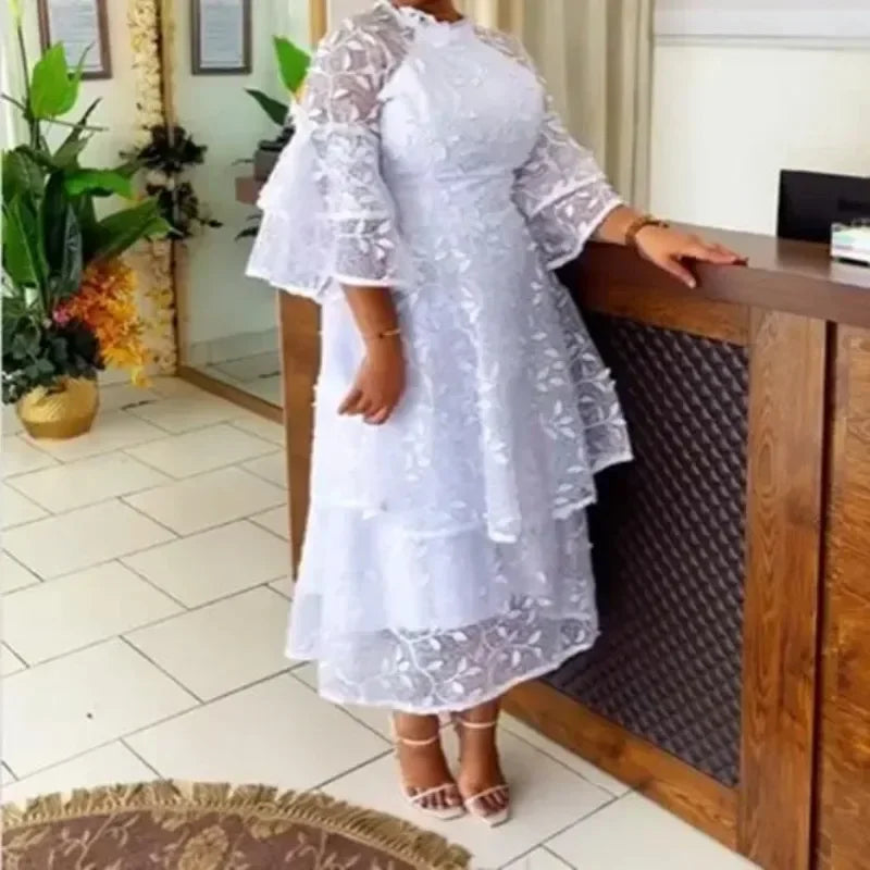 Amay Dashiki Clothing African Party Evening Dresses for Women Summer Elegant 2024 White Mesh High Waist 3/4 Sleeve Midi Dress