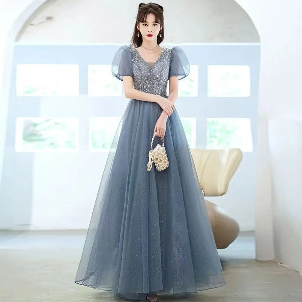 Maxy Puff Sleeve Long Prom Evening Dress for Women Mesh Party Formal Host Princess Evening Dresses Woman Elegant Glitter Party Gown
