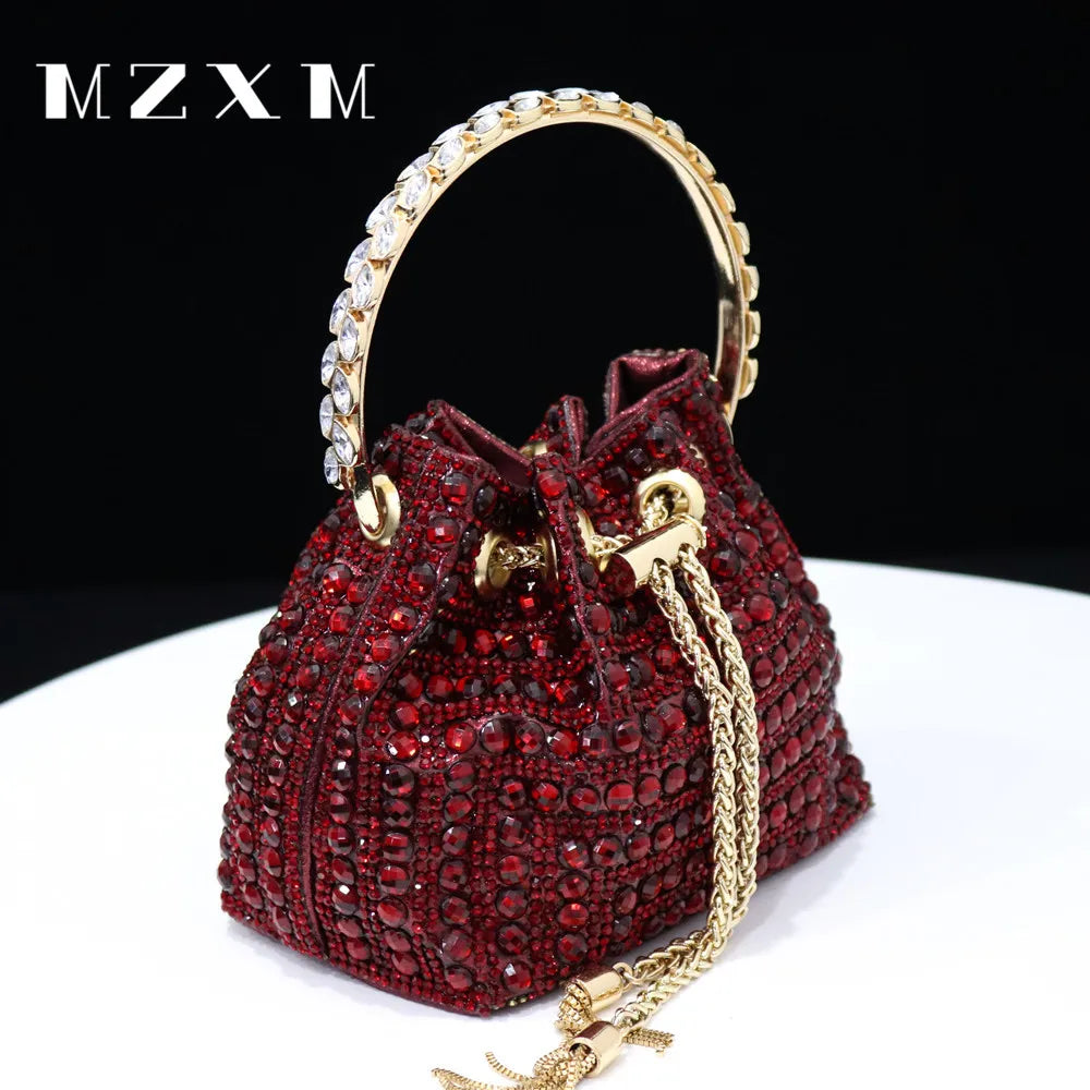 Maxy New Rhinestones Women Evening Bags Bucket Design Party Day Clutch Soft Mixed Color Shoulder Chain Handbags Purse