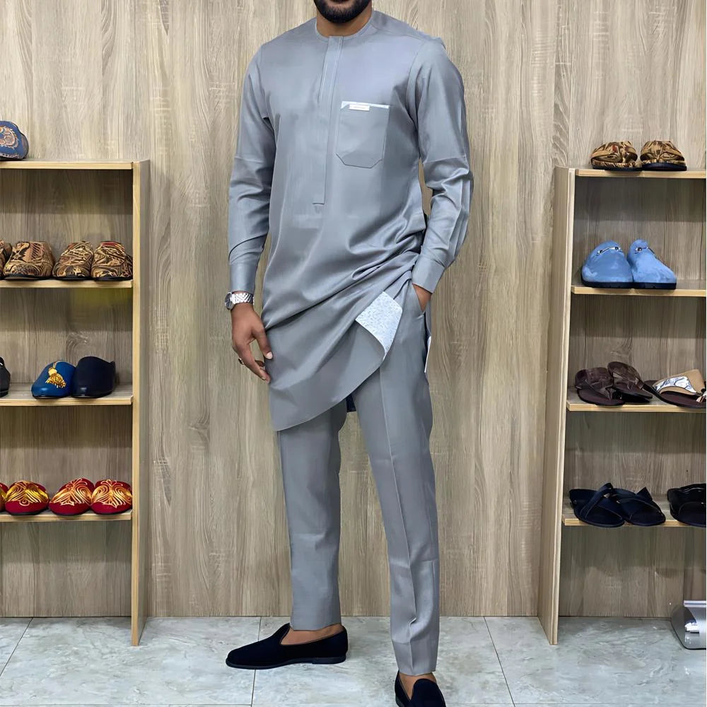 Amay New Kaunda Men's Set Fashionable and Elegant Men's Wedding Set Round Neck Long Sleeve Embroidered Men's Full Set Suit