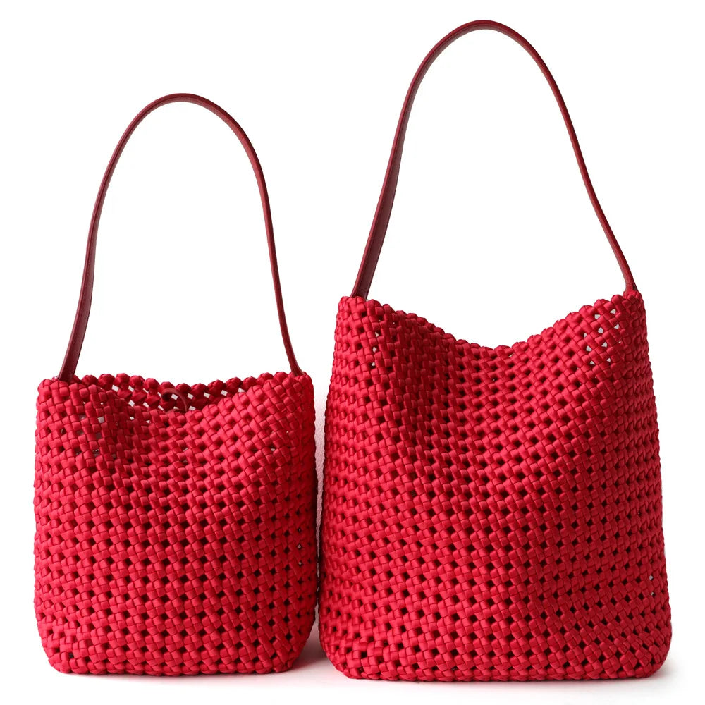 Maxy NEW Hollow woven silk and satin with cowhide women's bag large capacity tote bag hand-heeled shoulder armpit bag bucket bag