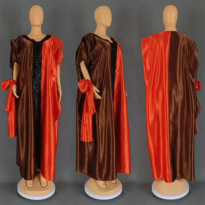 Maxy Dresses for Woman Satin Muslim Dress Scarf Abaya Dubai Turkey Kaftan Marocain Caftan Loose Boubou Robe Ankara Dashiki