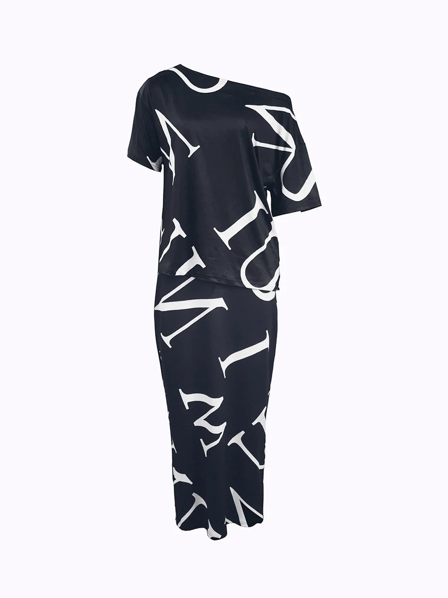 Maxy LW Letter Print Loose Fit Two Pieces Black Elegant Dresses Suits Long Sleeve One Shoulder Top&Drawstring Maxy Skirts