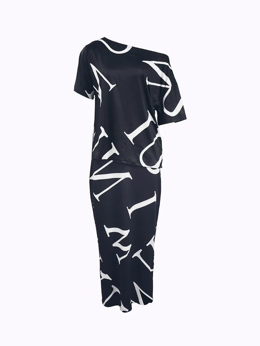 Maxy LW Letter Print Loose Fit Two Pieces Black Elegant Dresses Suits Long Sleeve One Shoulder Top&Drawstring Maxy Skirts
