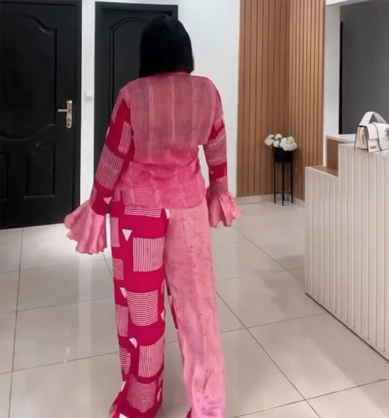 Maxy Flare Sleeve Two 2 Piece Pants Sets Women Vacation Outfits African Clothes for Woman Summer Kebaya Ankara Suit Plus Size