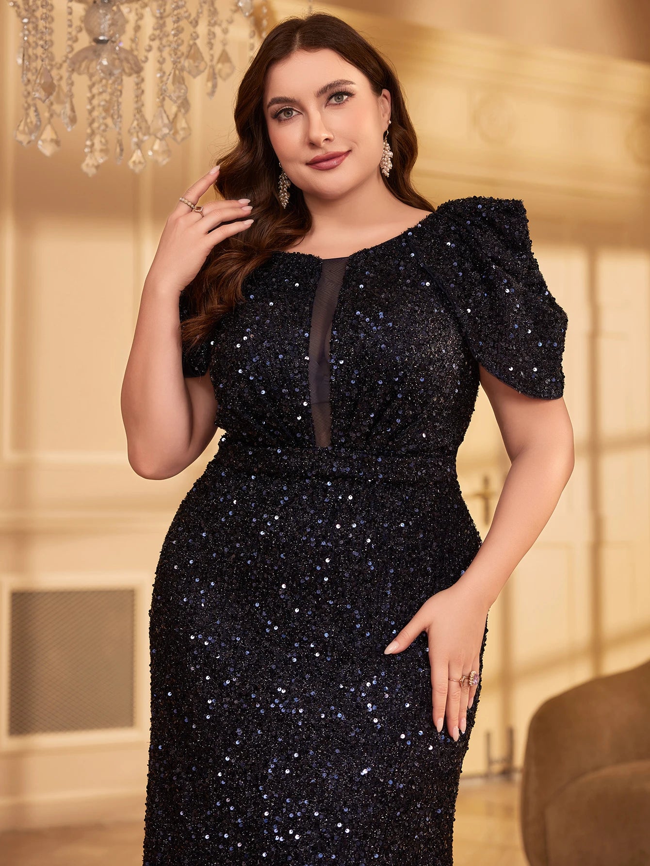 Maxy plus Size V-Neck Short Sleeve Glitter Evening Dress Skirt Sparkling Party Gown for Women