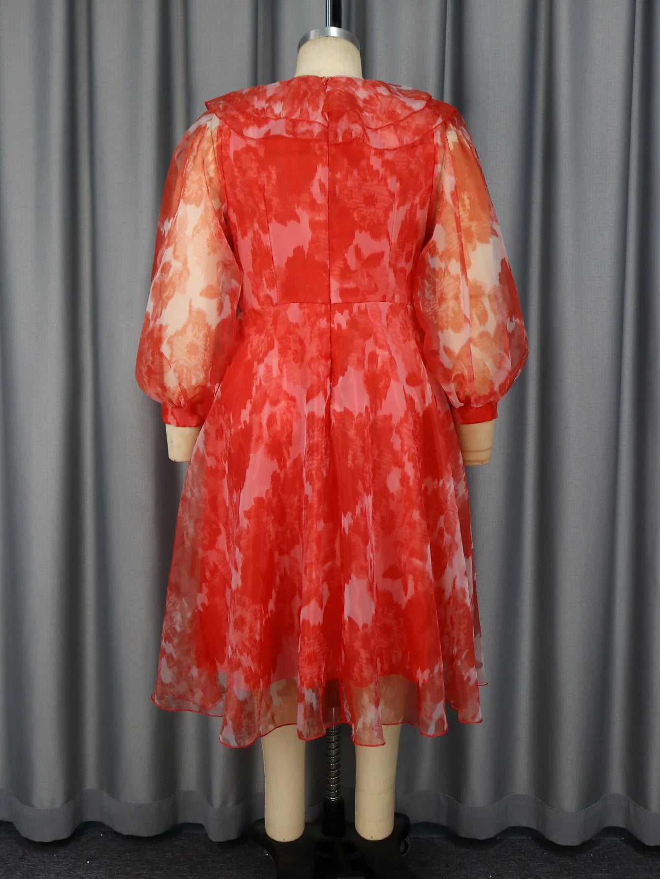 Printed Red A Line Midi Dresses for Women O Neck Ruffles Lantern See Through Long Sleeve Casual Evening Party Gowns 2025 Spring