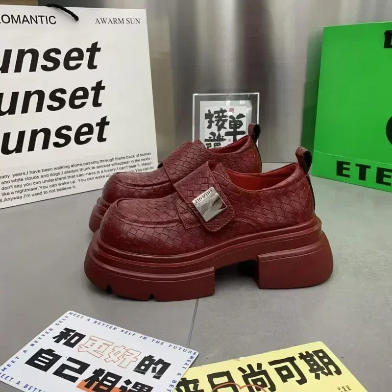 Maxy New Square Head British Small Leather Shoes Children's Fashion Trend Red Thick Sole Elevated Single Shoes