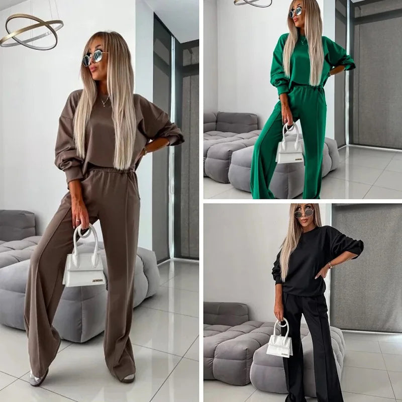 Maxy Spring Autumn Women's Clothing Set Lady's Pullover Tops O-neck Sweatshirt + Solid Color Pants Women's 2 Piece Outfit Set