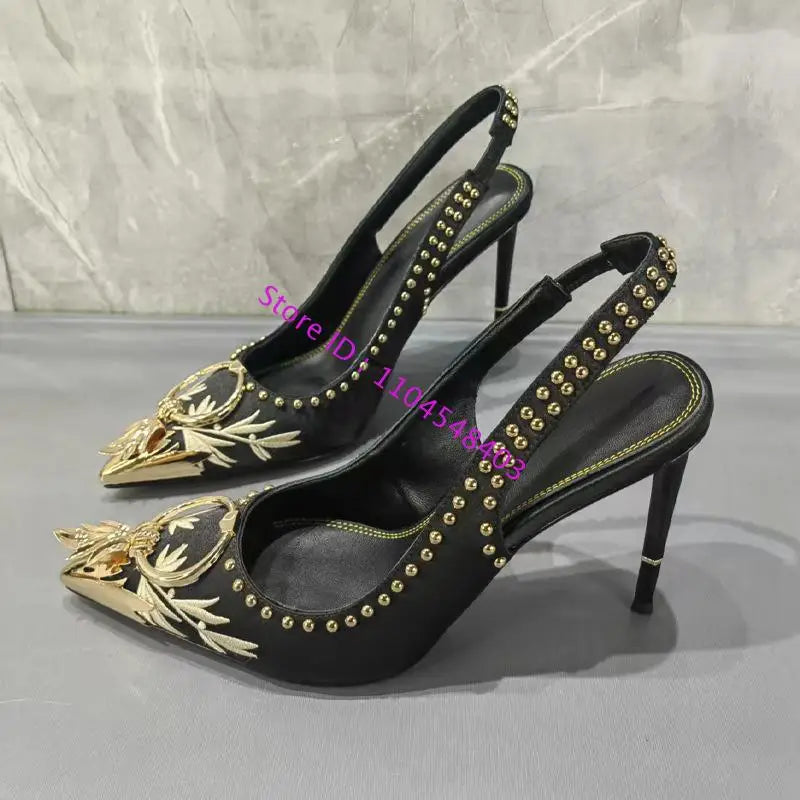 Maxy New Arrive Gold Metal Toe Women High Heel Suede Slingback Sandals Design Lady High Heel Gold Rivets Sandals Plus Size 42