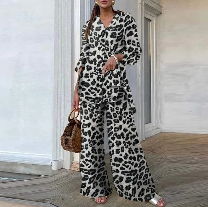 Maxy Autumn Fashion Leopard Print Women's Suit Two-piece Retro Street Print Casual Loose Long-sleeved V-neck Top Wide-leg Pants Suit