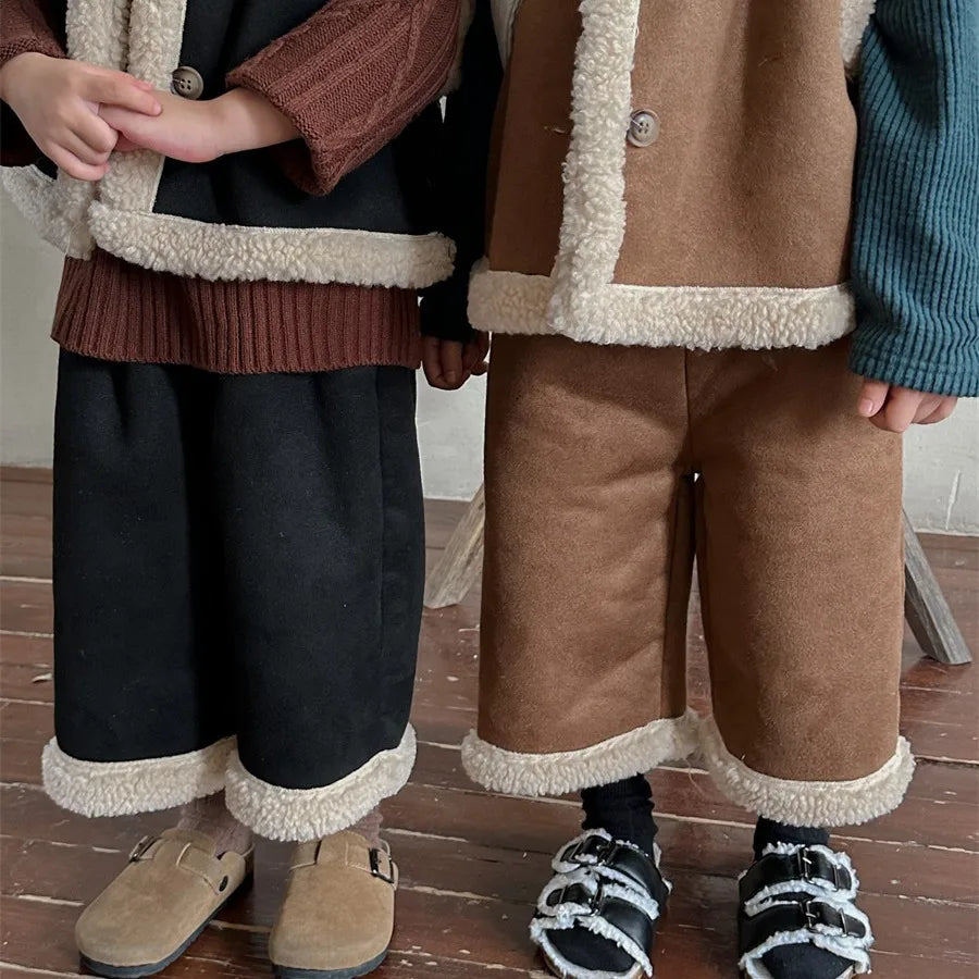 Maxy Children Suits Winter New Lamb Hair Vest Coat Baby Boys Girls Plus Fleece Straight Pants Two-piece Set Korean Simple Style