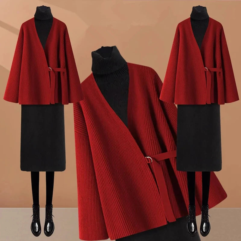 Maxy Women Autumn Winter Sweater Knit Turtleneck Dress 1 or Two Piece Set Lady Graceful Purple Jacket Black Bottoming Dresses Outfits