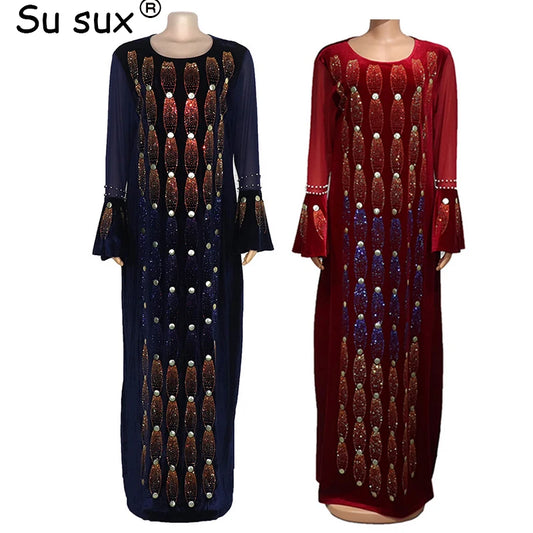 Amay Party Dresses For Women Elegant Beading Sequins Velvet Maxy Dress Clothes Robe Africaine Femme High Quality