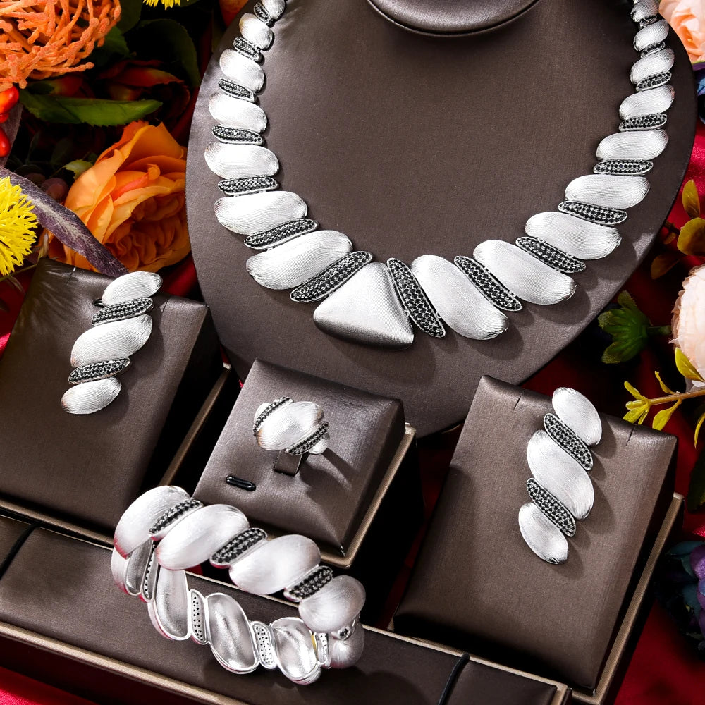 Amay New Trendy Triangle 4Pcs African Jewelry Set for Women Wedding Luxury Indian Dubai Cubic Zirconia Bridal Necklace Earring