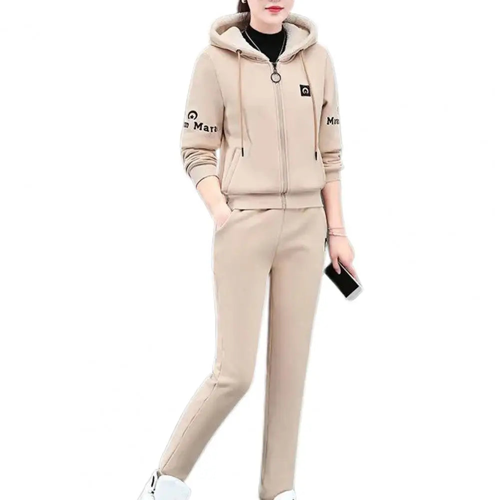 Winter Thickened Lambswool Tracksuit Women Hooded Zip Up Sweatshirt Plus Velvet Pant Suit Casual Two Piece Set chandals mujer