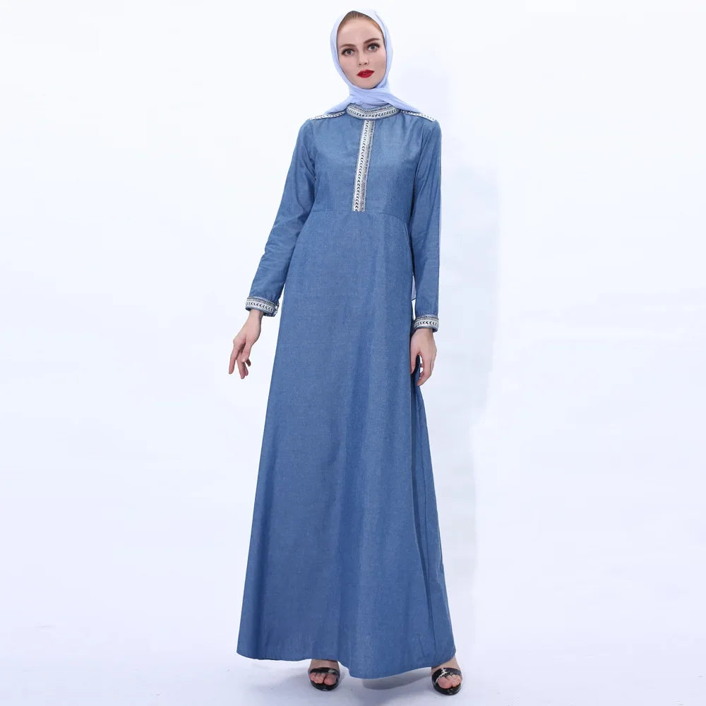 Maxy New Women Denim Long Dress Abaya Muslim Dubai Kaftan Islamic Robe Turkish Caftan Vintage Party Gown