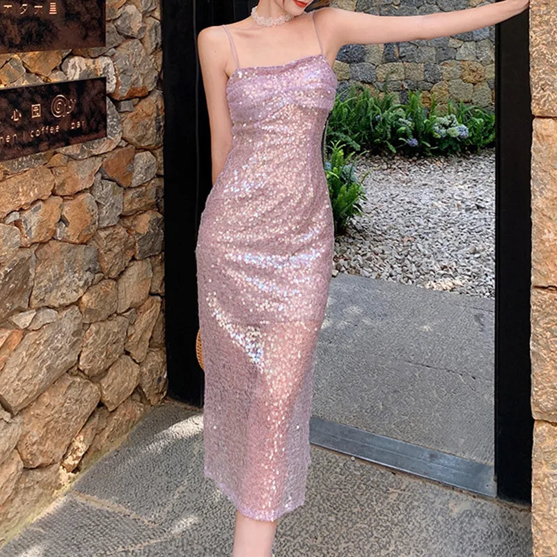 Babs Pink Sequin Dress Women Summer Vacation Party Dresses Women Sleeveless Spaghetti Strap Bodycon Vintage