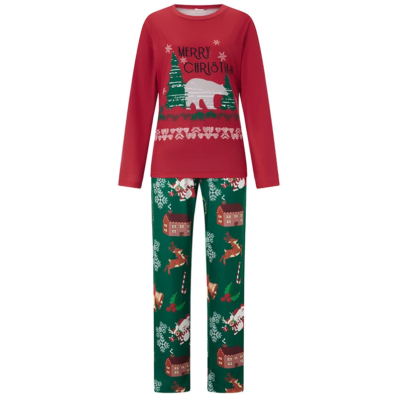 Family Matching Christmas Sleepwear Set Tree Print Long Sleeve Round Neck Tops Romper Trousers Pajama Set