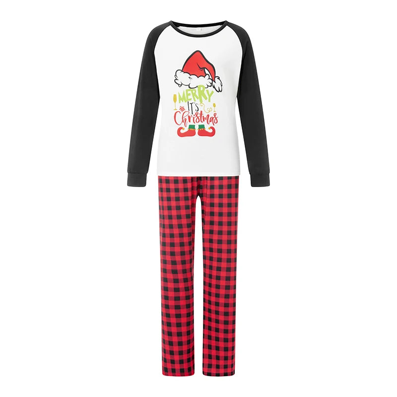 Family Matching Christmas Pajamas Outfits Cartoon Hat Letter Print Long-Sleeved Tops+Plaid Pattern Trousers Sleepwear Nightwear