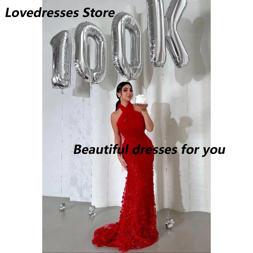 Maxy Red Evening Dress Customized Halter Neck Appliqued Mermaid Jersey Saudi Arab Prom Gown Birthday Party Dress