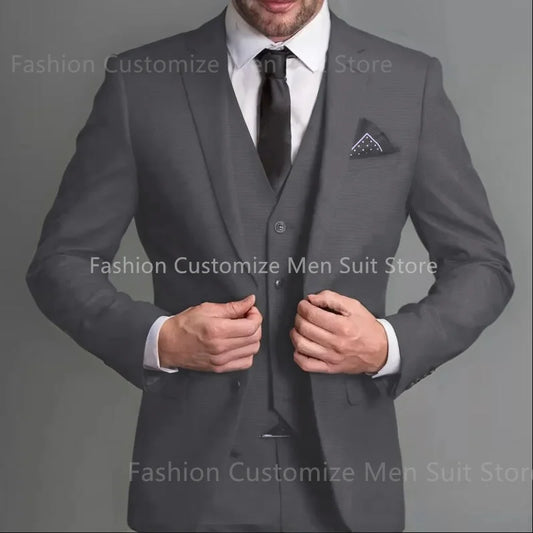 Amay Navy Blue Male Suits Slim fit Notched Lapel  Wedding Tuxedos 3 Piece Sets Tailor Made Business Mens Costume (Blazer+Pants+Vest)