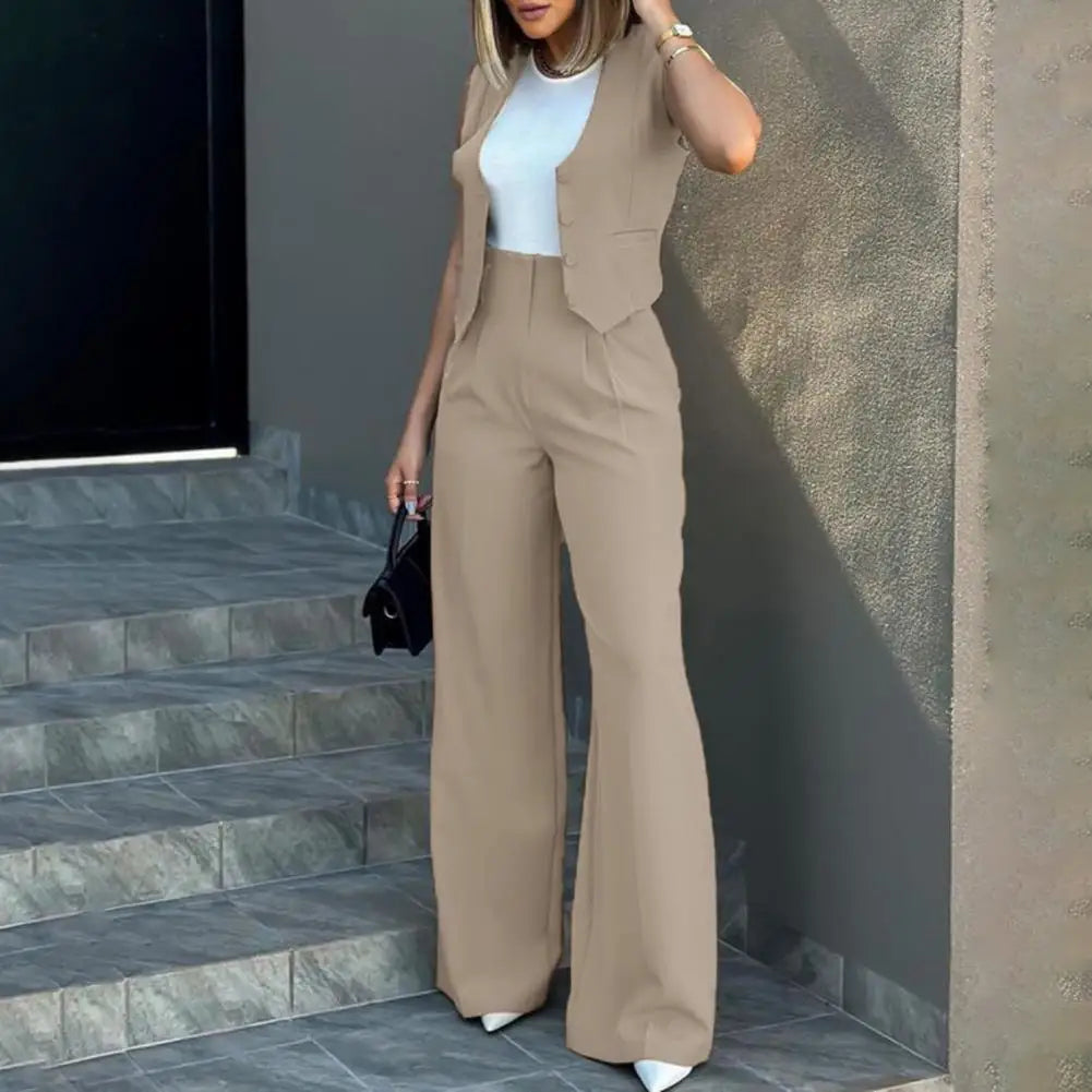 Zay Women Vest Elegant Lady Baggy Pants Set Women's High Waist Wide Leg Pants with Sleeveless Vest Solid Color Casual Streetwear