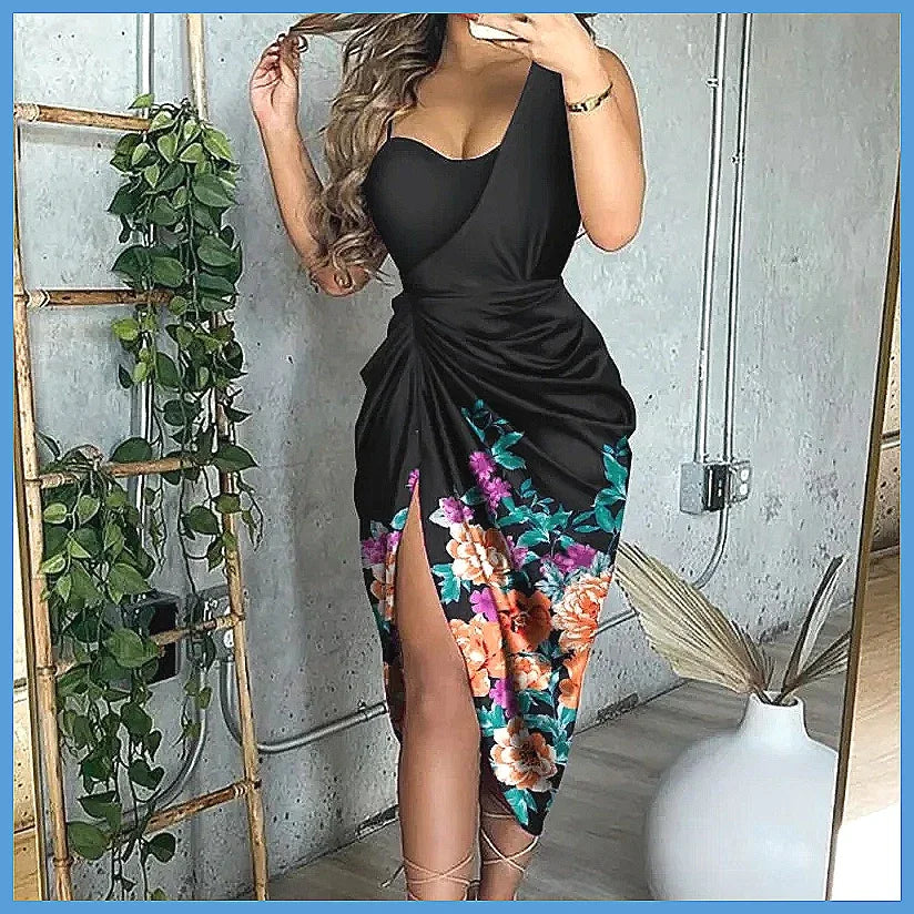 Sequin One Shoulder Slit Long Dress for Women, Elegant Smocked Party Dress, Summer Evening Gown (Characters: 78)