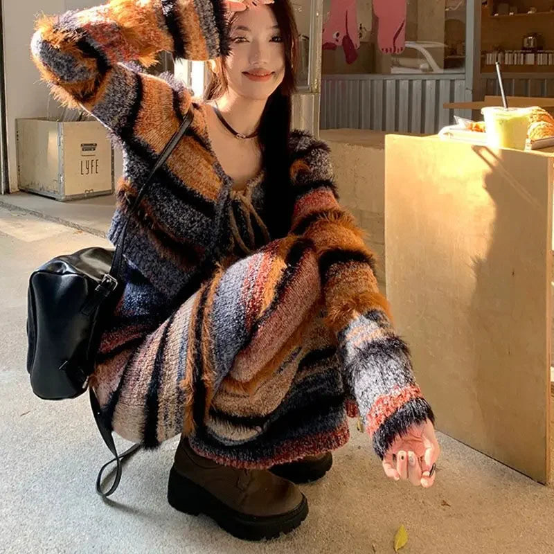 Maxy Striped Knitted Two-Piece Sets Women Korean Style Sexy Long Sleeve Cardigan Autumn Winter Sweater Sling Dress Y2k Suits