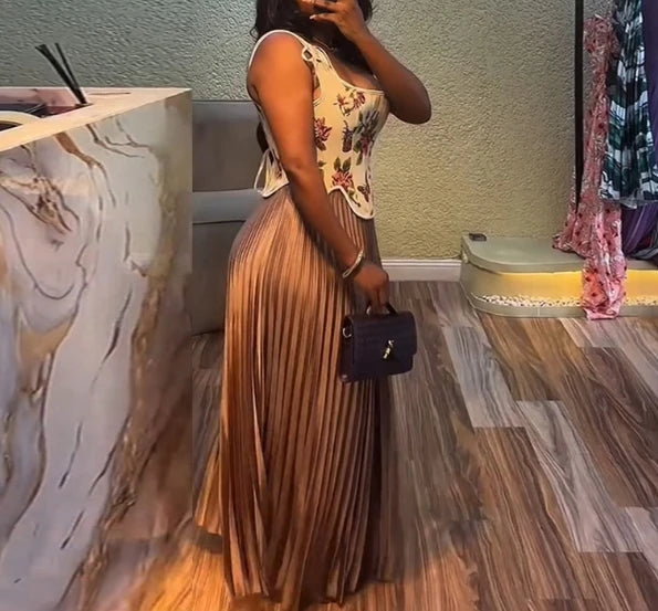 Maxy Vintage French Court Style Long Dress Set Y2K Fresh Floral Print Waist Cinched Vest Top High Waist Pleated Skirt Two-Piece Set