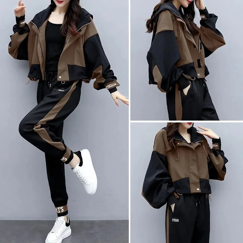 Maxy Spring Autumn Harem Pants Casual Two-piece Sets Women Hooded Patchwork Colour Short Top Suits Female Loose Thin 2-piece Sets