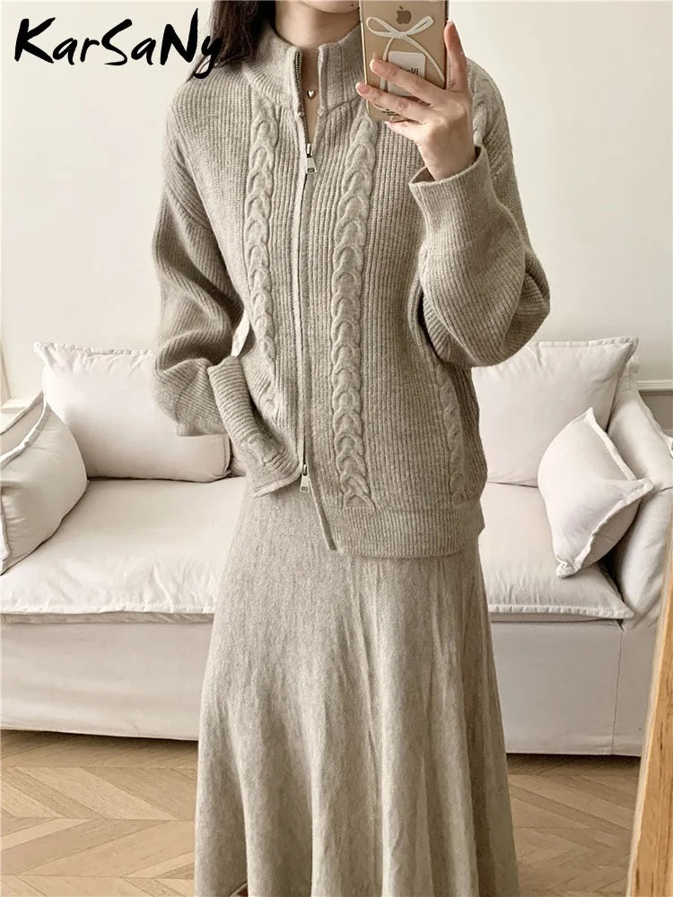 Maxy Sets For Women 2 Pieces Skirt Sweater Knitted Zipper Cardigan Stand Collar Solid Autumn Warm Winter Skirt Elegant Women's Sets