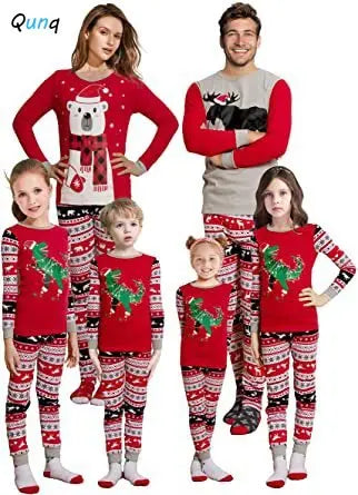 Qunq Autumn New Christmas Parent-Child Costume O Neck Splice Long Sleeve Print Top + Pants 2 Pieces Set Family Matching Outfits