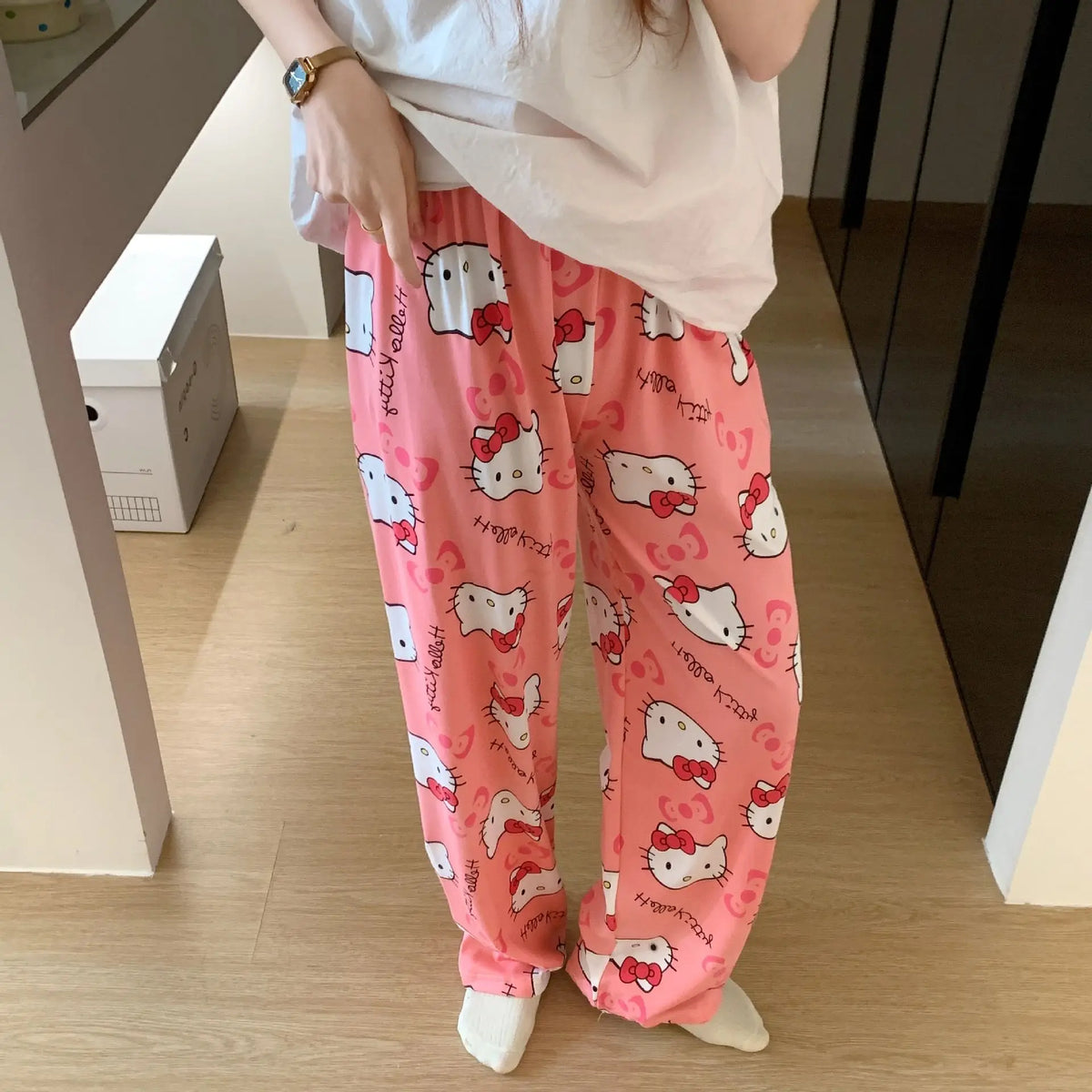 Maxy Spring Autumn Thin Hello Kitty Printed Women's Pajama Pants Summer Popular Loose Casual Pants Cartoon Home Casual Walking Pants