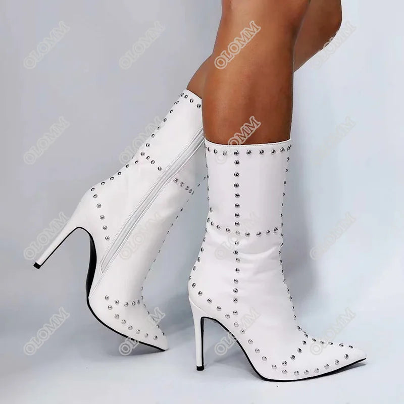 Maxy Women Winter Ankle Boots Studded Stiletto High Heels Pointed Toe Black White Pink Club Wear Shoes Plus US Size 5-15