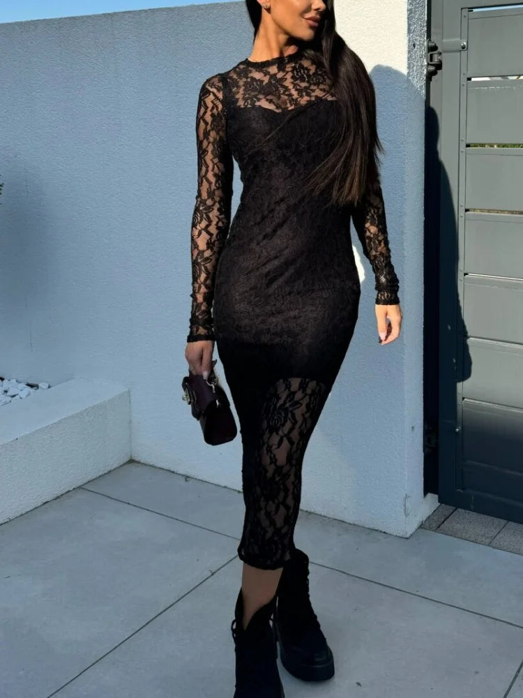 Maxy Autumn Long Sleeve O-neck Two Piece Set Elegant Clothing Spring Sexy Lace Long Dress Fashion Women Party Evening Dresses Black