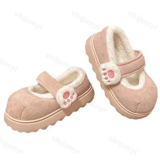 Maxy Cute Cat Paw Cotton Snow Boots Shoes for Women New Winter Velvet Thick Sole Outdoor Shoes Warm Round Toe Lazy Casual Shoes