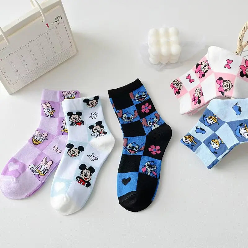 Maxy 5 pairs Kawaii Disney Mickey Mouse socks Cotton Mid-calf Socks Donald Duck stitch Stockings for Men and Women Warm Socks Gift