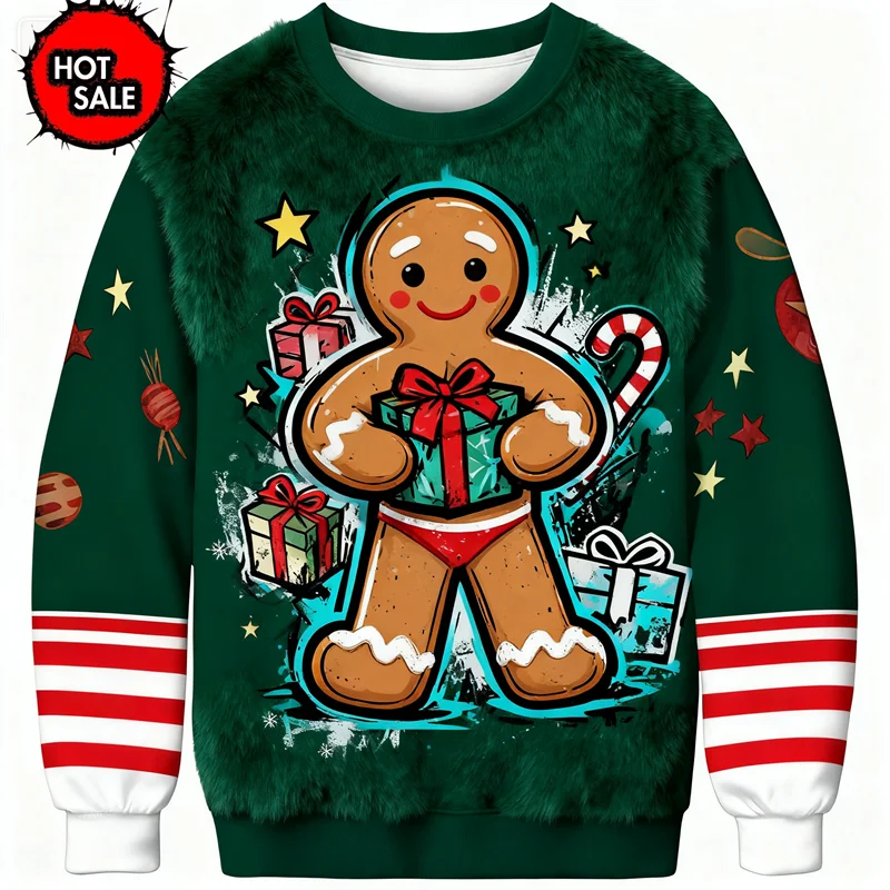 Maxy New 3D Printing Gingerbread Man Happy New Year Round Neck Hoodie Pullover Fashion Ugly Christmas Sweater Sweatshirt Men Tops