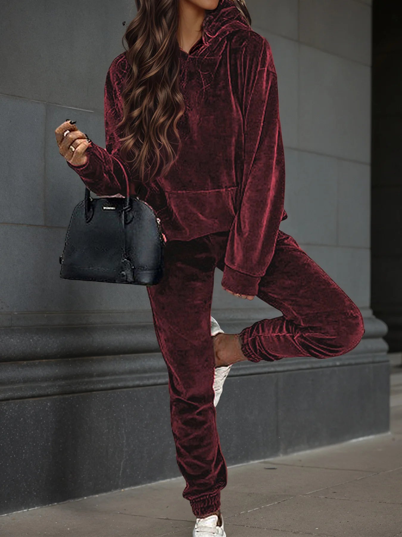 Maxy Autumn Winter Velvet Tracksuit Set Elegant Soft Pocket Pullover Top Female Loose Sweatsuit Pants Suit Two Piece Set Outfits