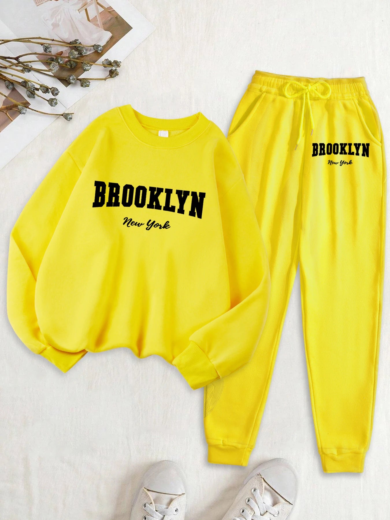 Maxy Brooklyn New York Letter Print Women Sweatshirt Set Autumn Fleece Clothes 2Pc Sets O-Neck Casual Tracksuit Fashion Jogging Pants